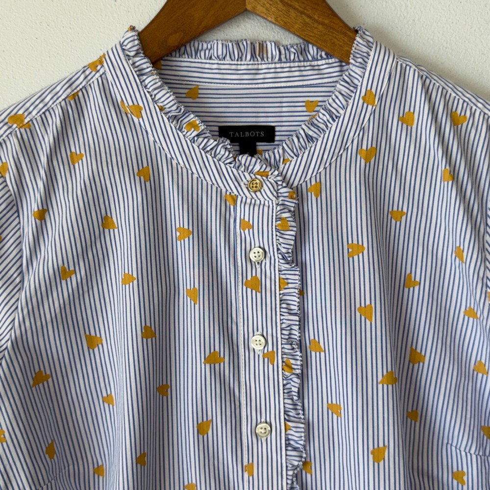 Talbots Button Up Blouse S Blue White Striped Gold Heart 100% Cotton Ruffle - Picture 10 of 11